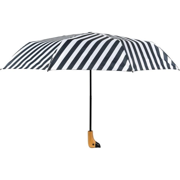 Black and white striped umbrella with wooden handle.