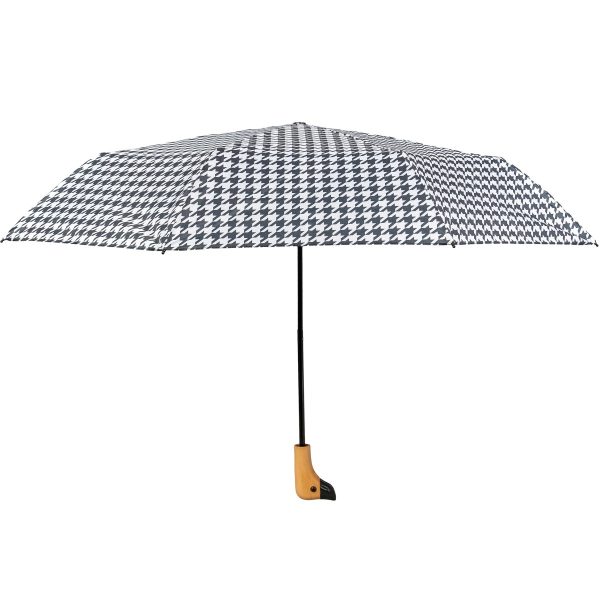 White and black polka dot umbrella with duck head handle.