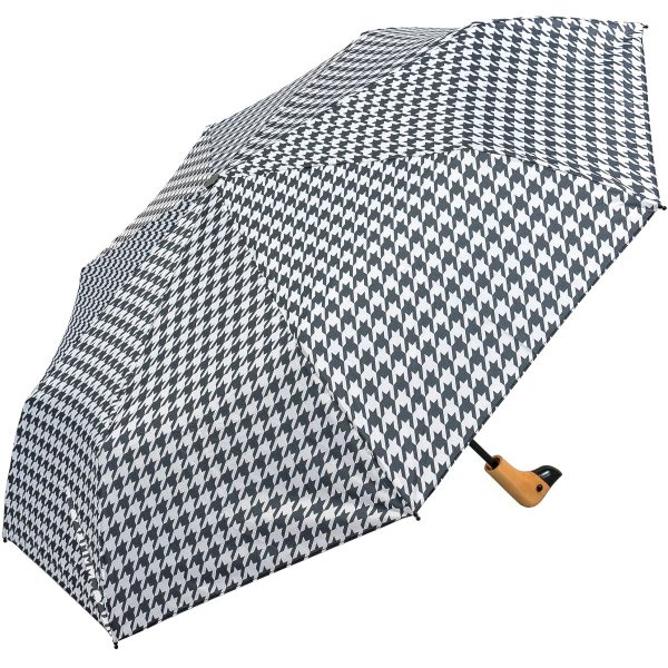 Black and white houndstooth umbrella with wooden handle.