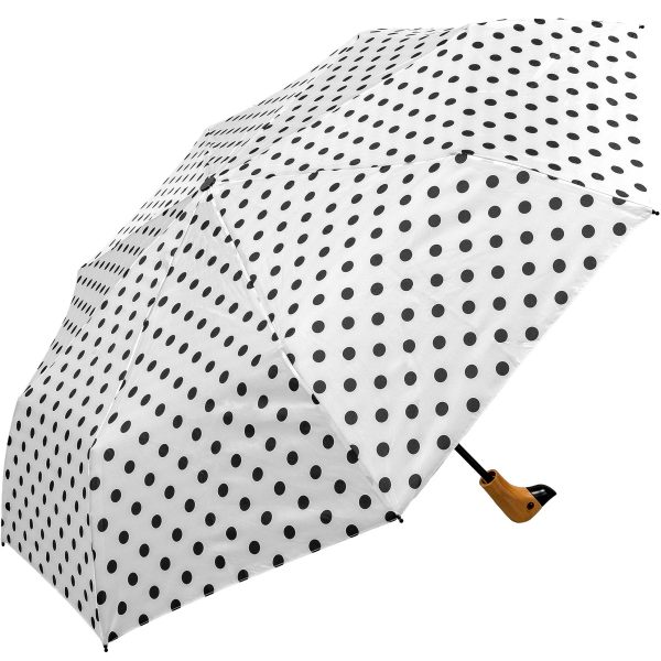 Black and white polka dot umbrella with wooden handle.