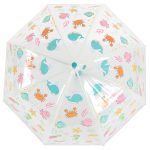Clear dome umbrella with colourful sea creatures print for children.