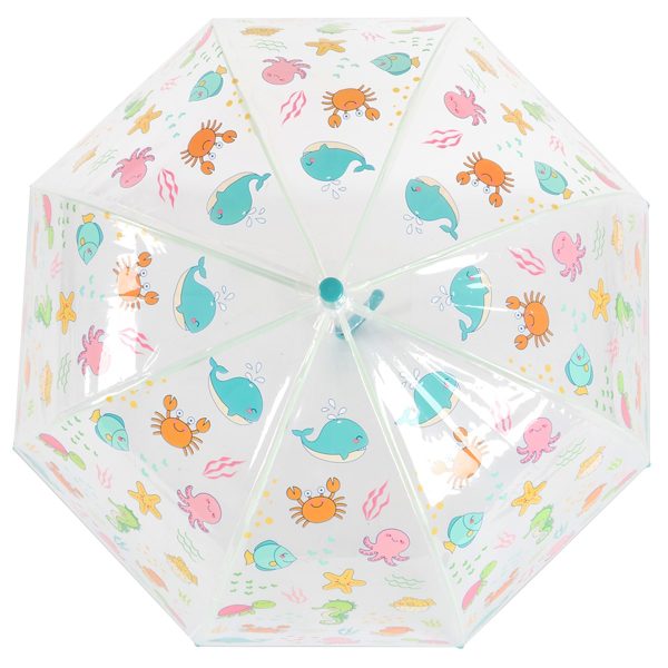 Clear dome umbrella with colourful sea creatures print for children.