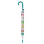 Children's clear dome umbrella with sea life print and teal handle.