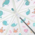 Children's umbrella with sealife print featuring whales, crabs, and octopuses.