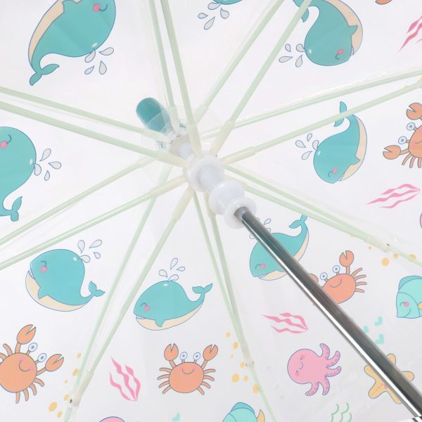 Children's umbrella with sealife print featuring whales, crabs, and octopuses.