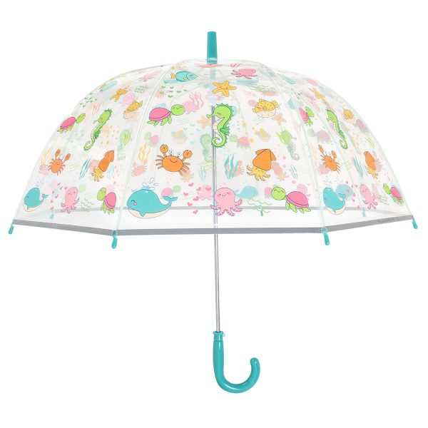 Clear dome umbrella with colourful sea creatures for children.