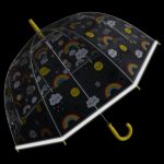 Clear dome umbrella with rainbow, cloud, and smiley face patterns for children.