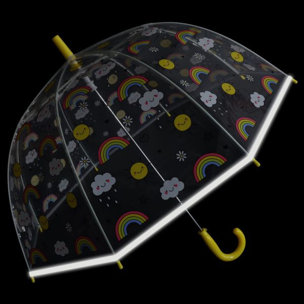 Clear dome umbrella with rainbow, cloud, and smiley face patterns for children.