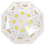 Clear dome umbrella with rainbow, sun, cloud, and star patterns for children.