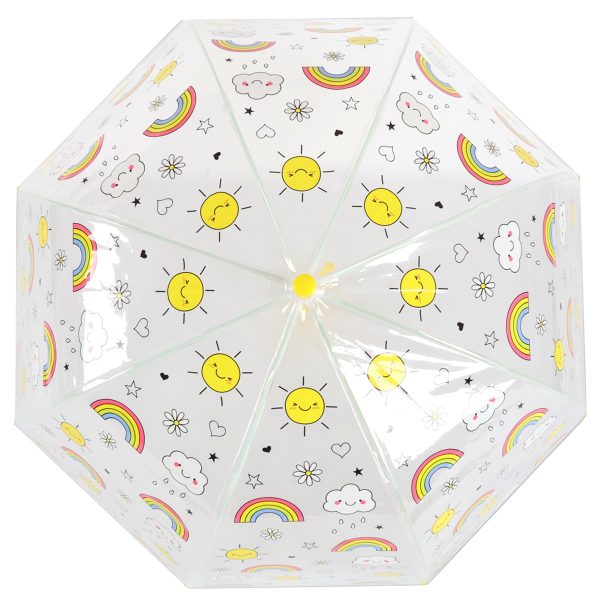 Clear dome umbrella with rainbow, sun, cloud, and star patterns for children.