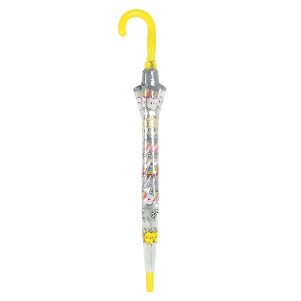 Children's umbrella with rainbow print and yellow handle, clear dome design.