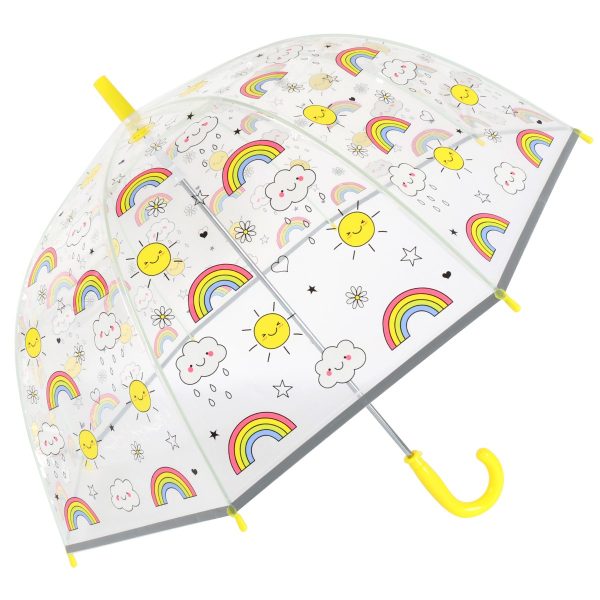 Children's clear dome umbrella with rainbow, sun, cloud, and star patterns.