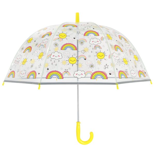 Children's umbrella with rainbow, cloud, and sun print, clear dome design, yellow handle.