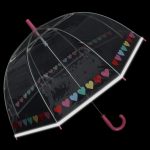 Clear dome umbrella with colourful heart print for children.