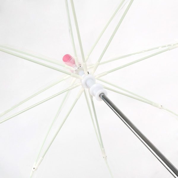 Clear dome umbrella with pink heart print for children.