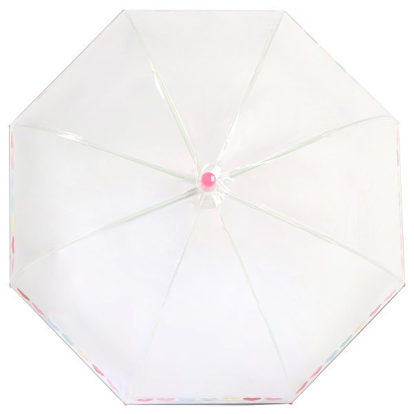 Clear dome umbrella with pink heart print for children.