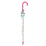 Childrens umbrella with pink handle and heart print design.
