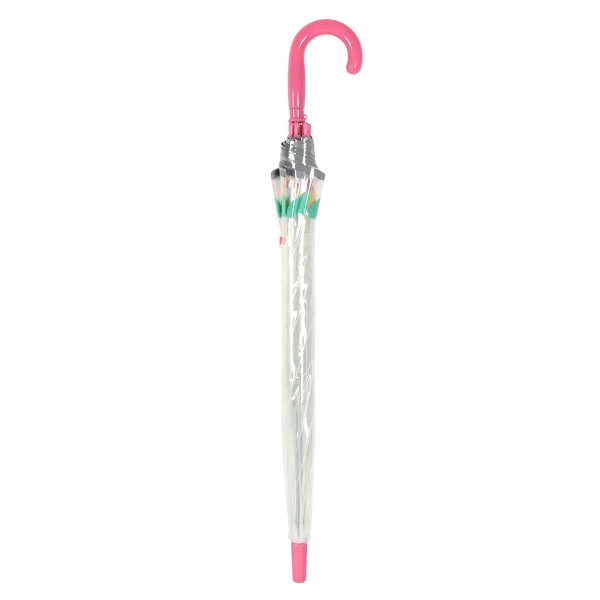 Childrens umbrella with pink handle and heart print design.