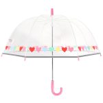 Clear children's umbrella with colourful heart pattern and pink handle.