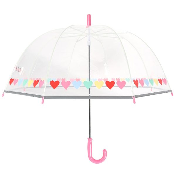 Clear children's umbrella with colourful heart pattern and pink handle.