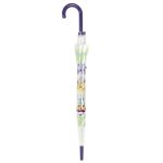 Clear umbrella with floral and fauna designs, purple handle, and protective cover.