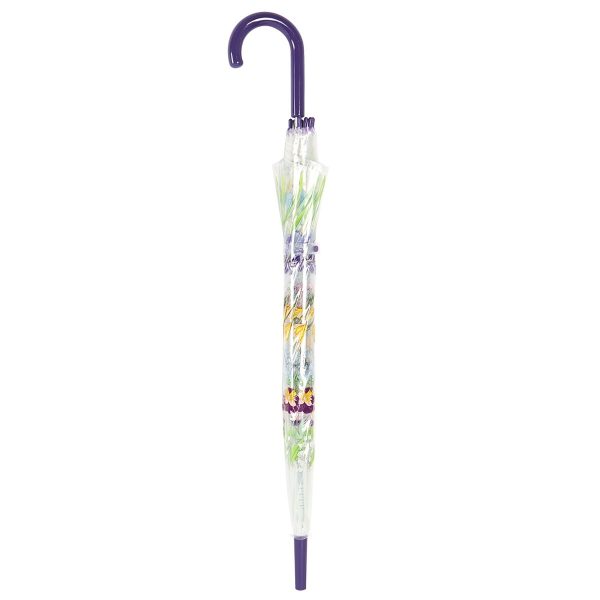 Clear umbrella with floral and fauna designs, purple handle, and protective cover.