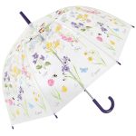 Clear umbrella with colourful floral and fauna print, perfect for spring rain.