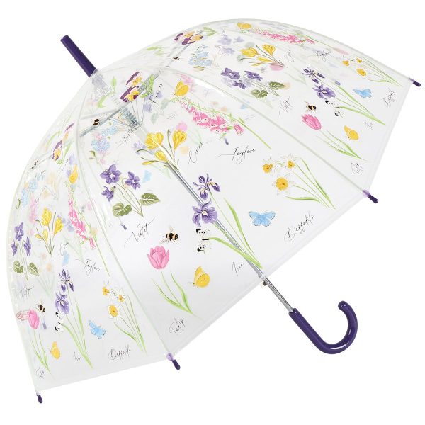 Clear umbrella with colourful floral and fauna print, perfect for spring rain.