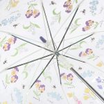 Decorative umbrella with floral and fauna print for outdoor use.