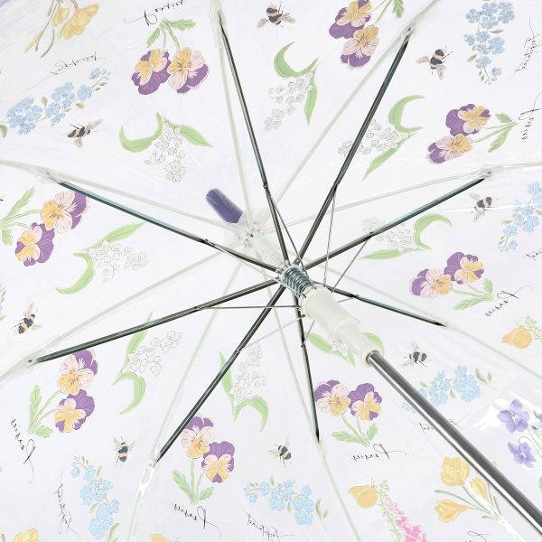 Decorative umbrella with floral and fauna print for outdoor use.