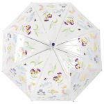 Decorative floral umbrella with bee and butterfly motifs for garden or outdoor use.