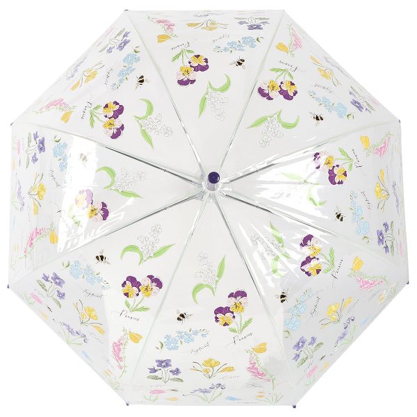 Decorative floral umbrella with bee and butterfly motifs for garden or outdoor use.