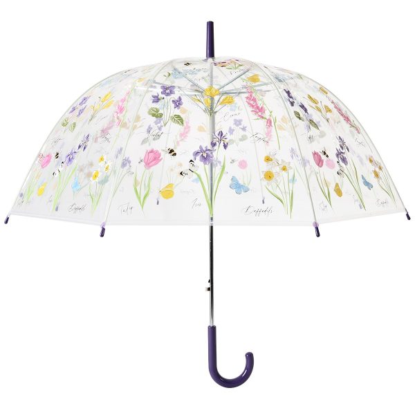 Floral and fauna design dome umbrella with colourful flowers and butterflies.