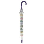 Clear dome umbrella with floral print and purple handle for children.