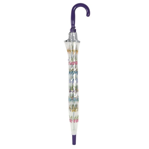 Clear dome umbrella with floral print and purple handle for children.