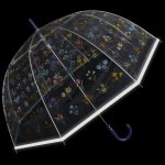Children's floral print clear dome umbrella with purple handle.