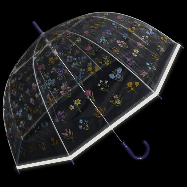 Children's floral print clear dome umbrella with purple handle.