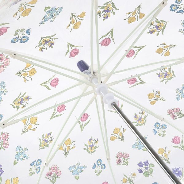 Children's floral print clear dome umbrella with colourful flowers.