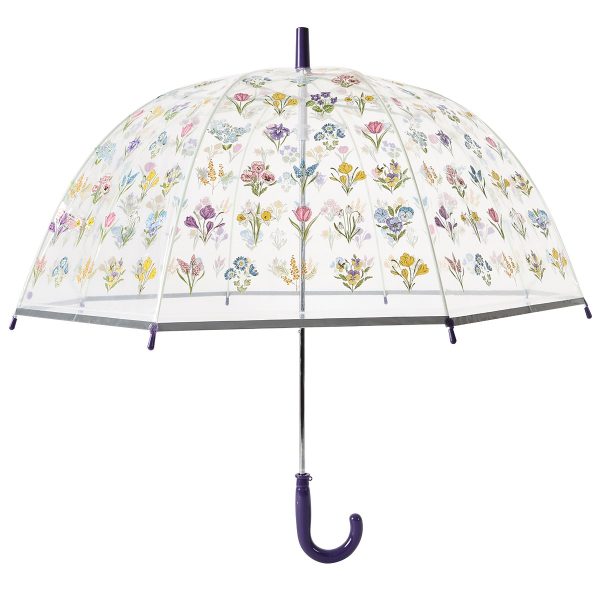 Clear dome umbrella with colourful floral print for children.