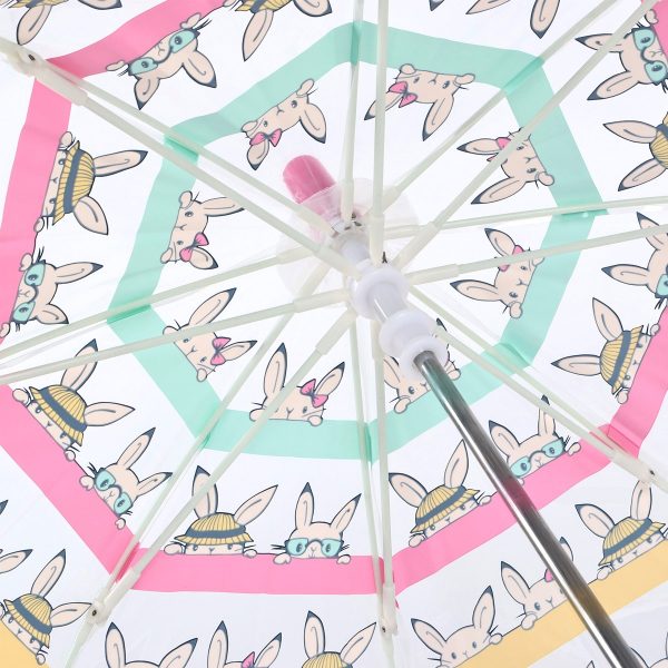 Childrens umbrella with bunny print and clear dome design.