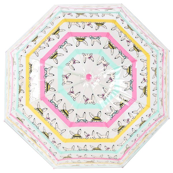 Childrens umbrella with bunny print and clear dome design for kids.