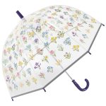 Children's floral print clear dome umbrella with purple handle.