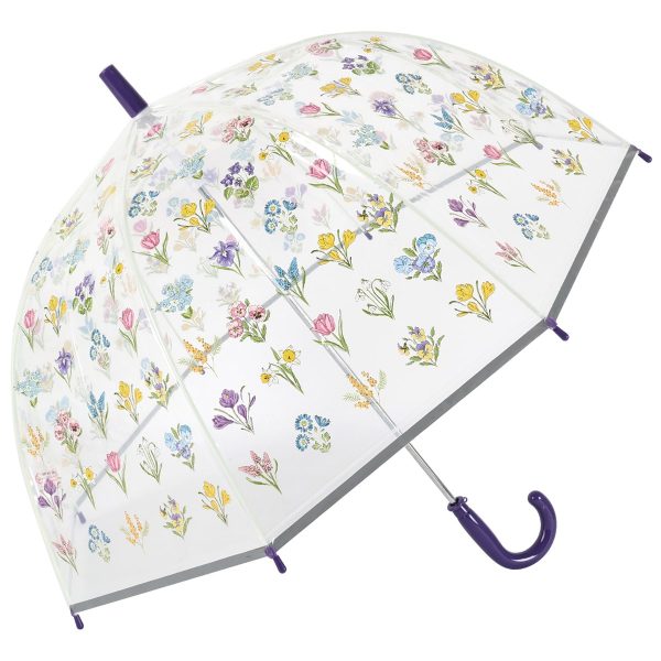 Children's floral print clear dome umbrella with purple handle.