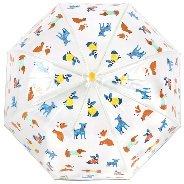 Childrens umbrella with colourful dog print and clear dome design.