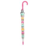 Colourful children's umbrella with rabbit print and pink handle.