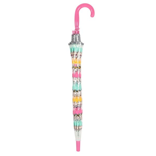 Colourful children's umbrella with rabbit print and pink handle.