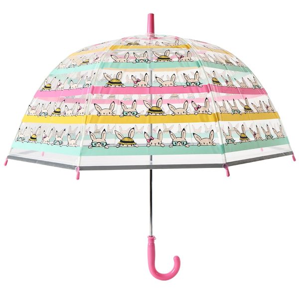 Childrens umbrella with bunny print and pink handle, perfect for kids.