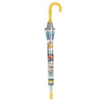Childrens umbrella with dog print and yellow handle.