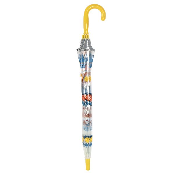 Childrens umbrella with dog print and yellow handle.