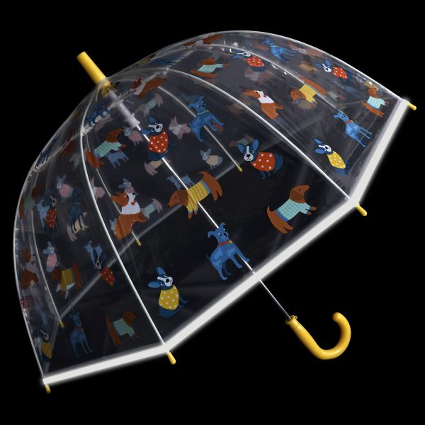 Childrens umbrella with colourful dog print and clear canopy for kids.